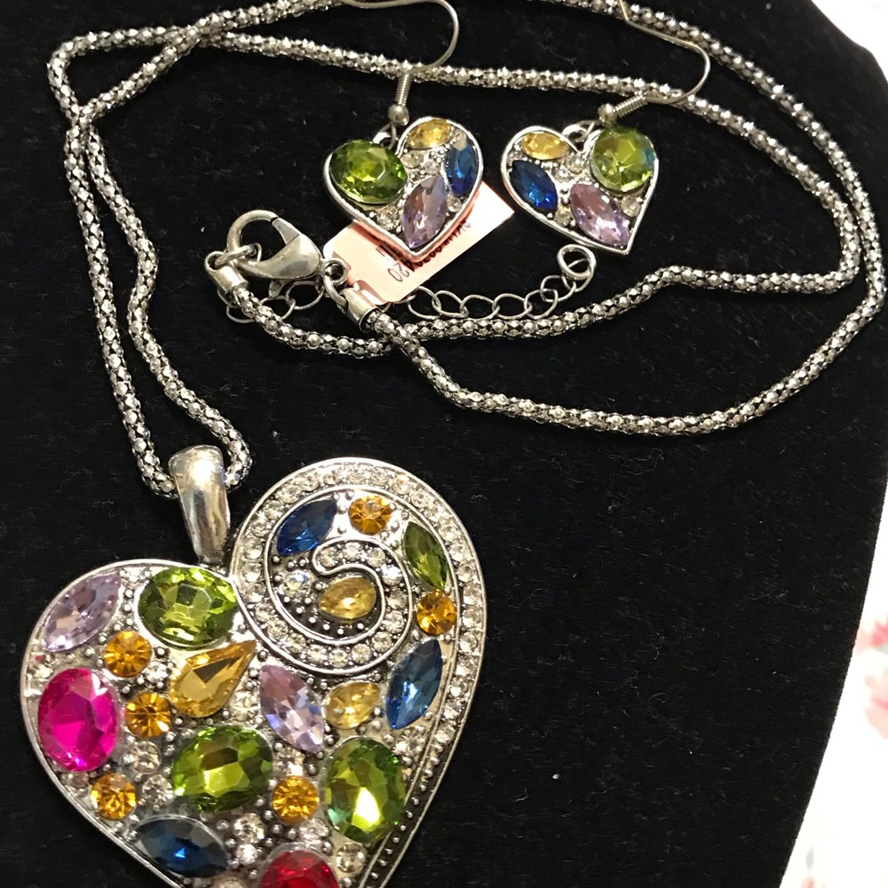 Multi gemstone Heart Necklace and Earrings set